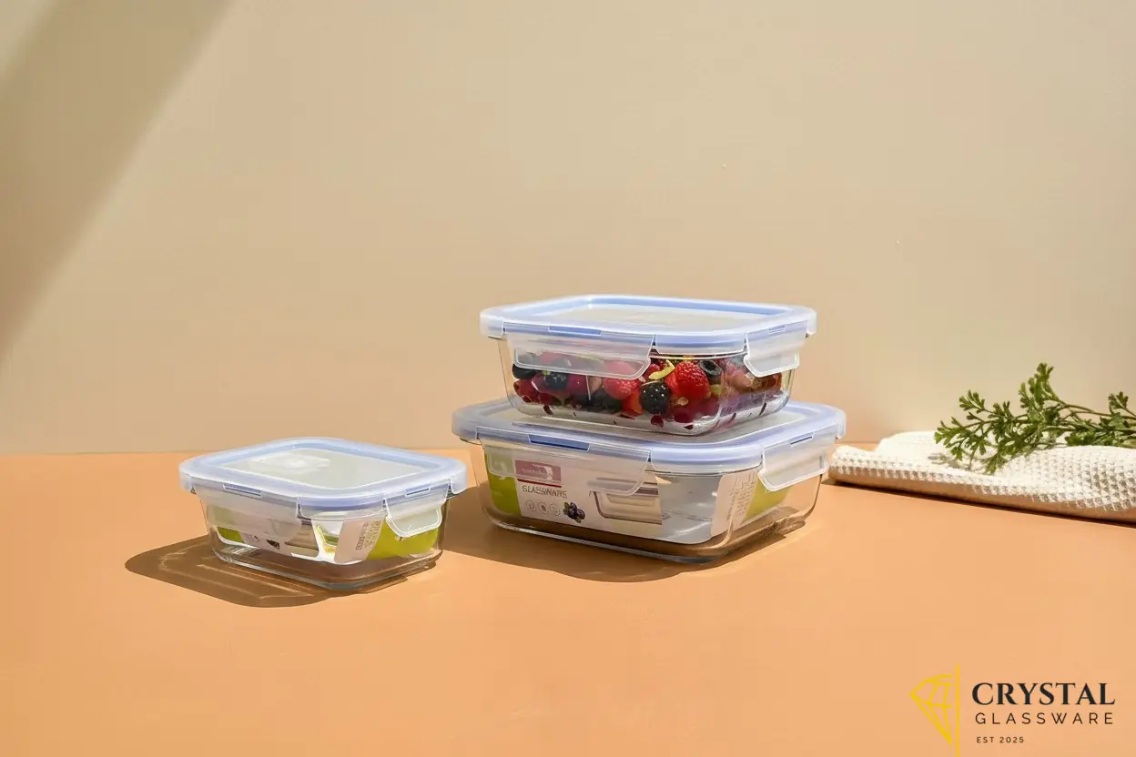 Deli 3- piece clear glass square bowls with airtight lids - Food storage containers 310ml/510ml/800ml EK20/L3